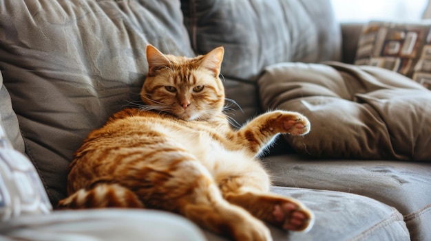 Un gros chat paresseux assis avec un geste drôle sur le canapé confortable Animaux domestiques