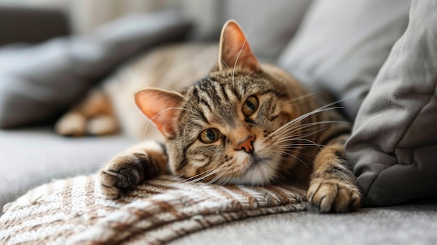 Un gros chat tabby brun sur le canapé