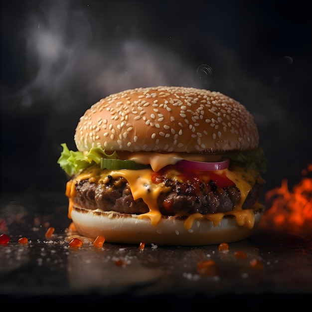 Gros cheeseburger savoureux sur fond noir avec gros plan de fumée