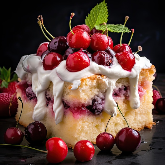 Photo en gros, un délicieux gâteau au lait avec de la crème et du glaçage à la vanille, des framboises et des cerises sur le dessus.