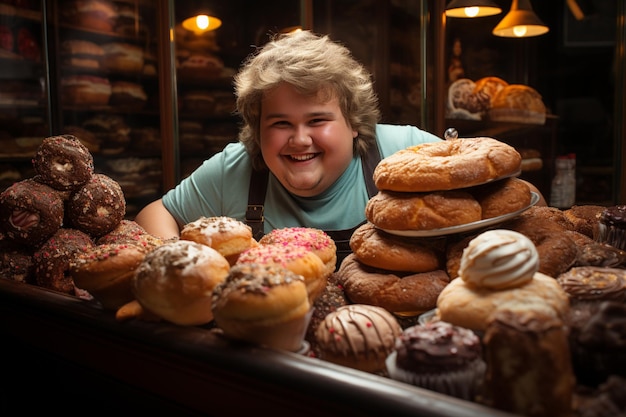 le gros enfant mange beaucoup de beignets sucrés