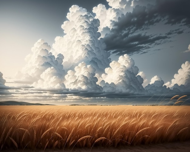 Gros épis de blé doré dans un pré de blé avec lumière brillante et fond de ciel bleu AI générative