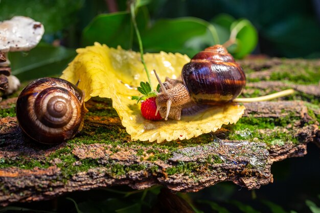 De gros escargots rampant le long de l'écorce d'un arbre.