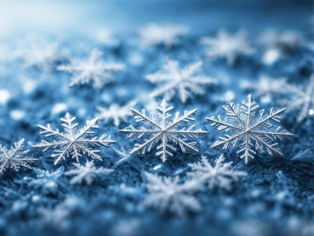 Gros flocons de neige détaillés sur fond bleu