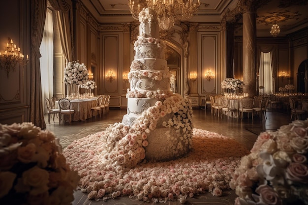 Un gros gâteau avec des fleurs dessus