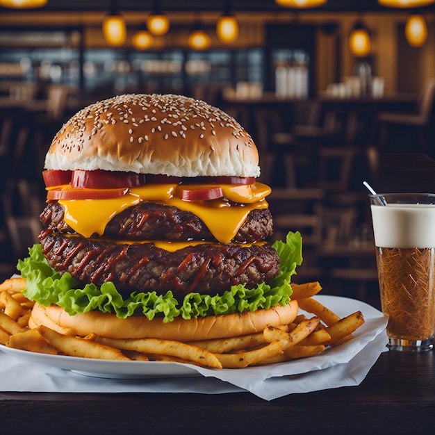 Un gros hamburger avec beaucoup de laitue à côté d'un verre de bière.