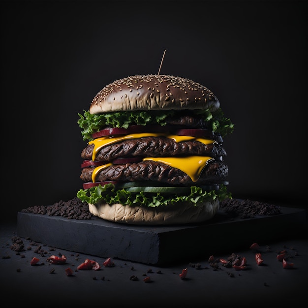 Un gros hamburger avec un fond noir et un fond noir.