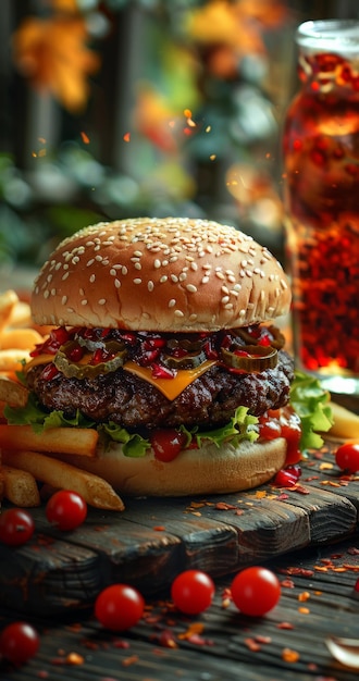 Un gros hamburger et des frites sur une table en bois.