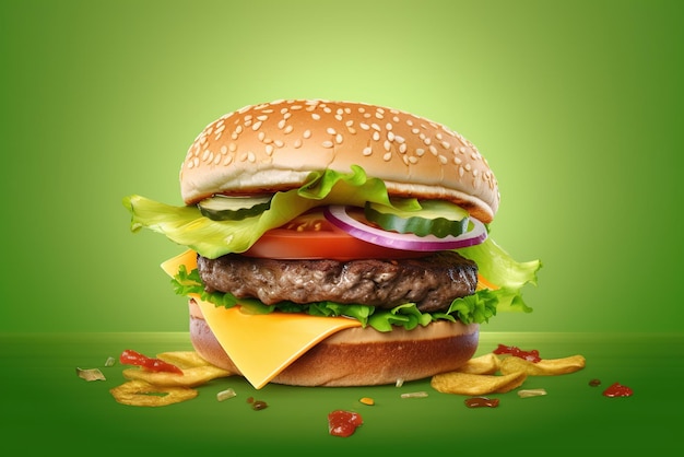 Gros hamburger avec fromage laitue tomate et oignon sur fond vert