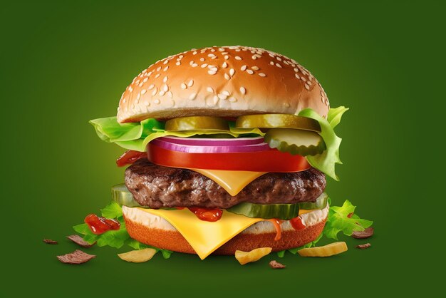 Photo gros hamburger avec fromage laitue tomate et oignon sur fond vert