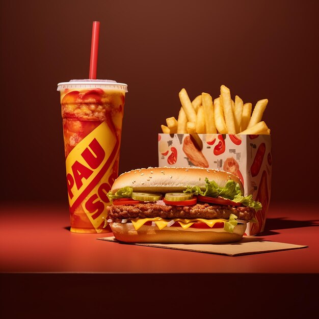 un gros hamburger et une grande tasse de soda sont sur une table.