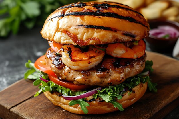 Photo gros hamburger avec poulet frit et frites sur plaque de bois