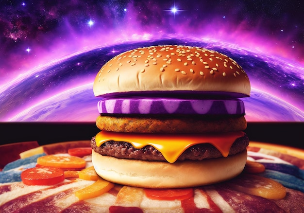 Photo gros hamburger savoureux sur le fond de l'espace cosmique avec des étoiles generative ai