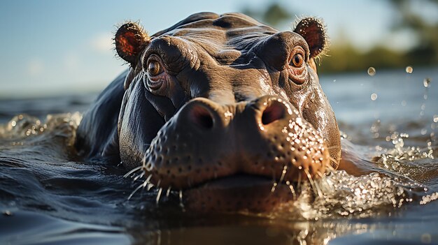 Photo gros hippopotame se vautrant dans l'eau