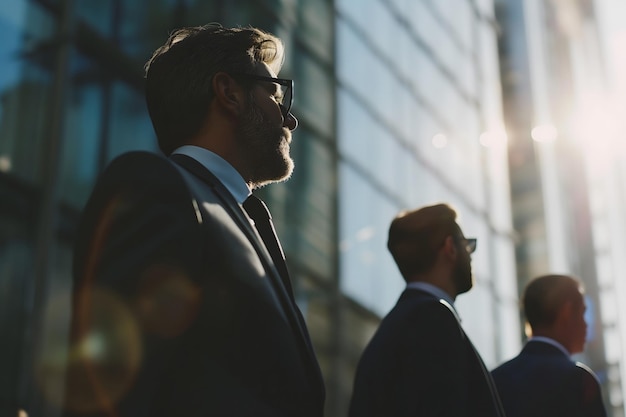 En gros, l'historique des affaires abstraite avec des hommes d'affaires navigant dans le paysage urbain interagissant et