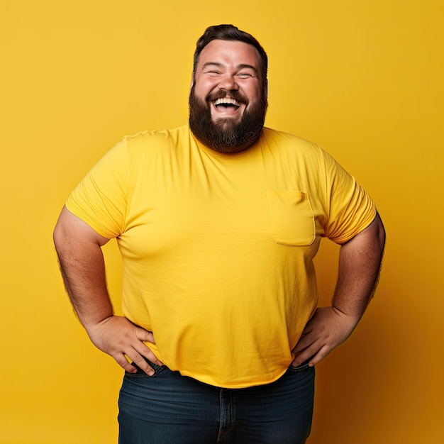 Photo un gros homme excité célébrant son succès un homme barbu heureux sur un fond jaune