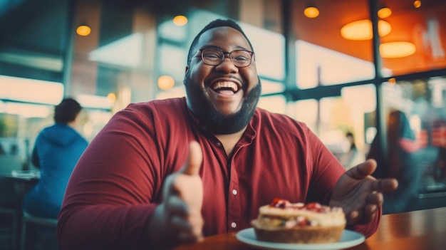 Gros homme noir heureux de 30 ans avec un gâteau au café