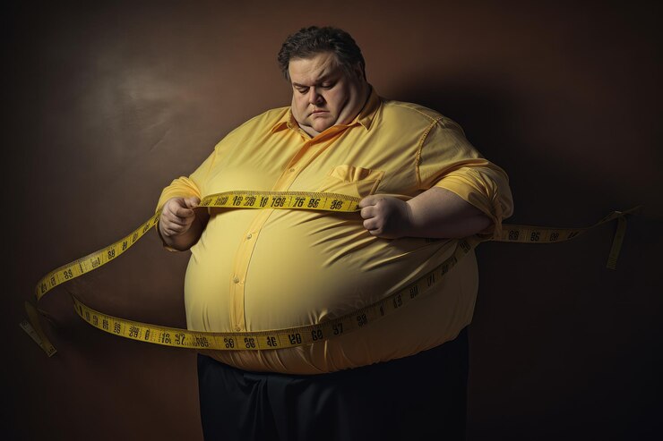 Photo un gros homme avec un ruban à mesurer autour de son ventre