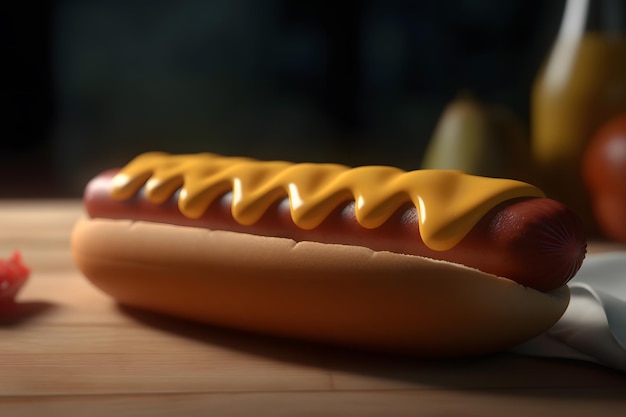 Gros hot-dog avec saucisse tomates moutarde et salade isolé sur fond noir Vue de dessus Réseau de neurones généré par l'IA