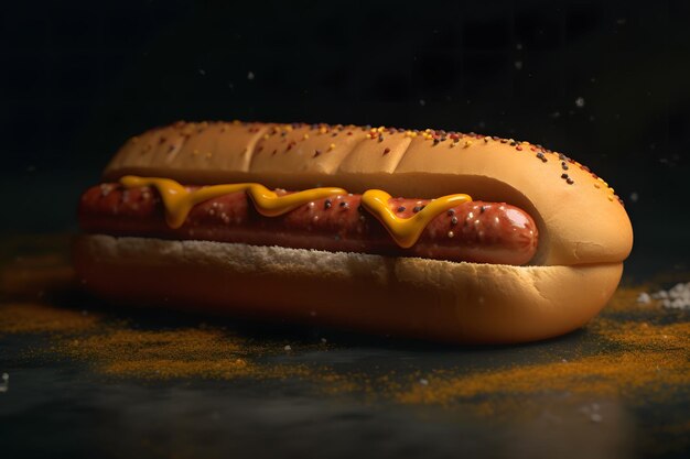 Gros hot-dog avec saucisse tomates moutarde et salade isolé sur fond noir Vue de dessus Réseau de neurones généré par l'IA