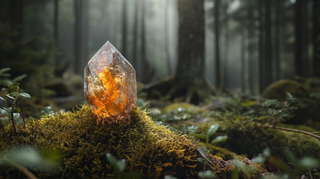 Gros minéral de pierres précieuses dans une forêt fabuleuse, paysage fantastique de conte de fées