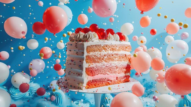 Un gros morceau de gâteau en lévitation sur le fond de ballons