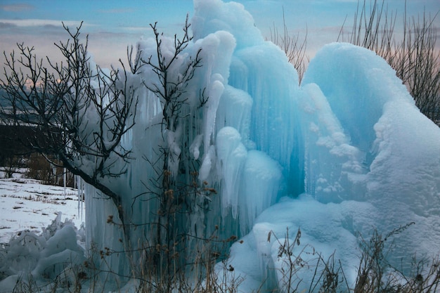 Un gros morceau de glace et un arbre gelé