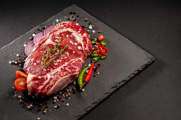 Un Gros Morceau De Viande Sur L'os Se Trouve Sur Une Planche De Bois Avec Des épices Et Des Herbes Fraîches