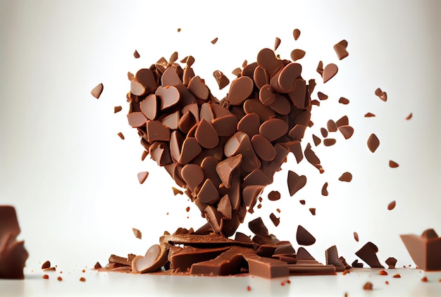 Gros morceaux de chocolat empilés en forme de coeur tombant sur le tableau blanc et craquelés Nourriture et concept de dessert sucré AI générative