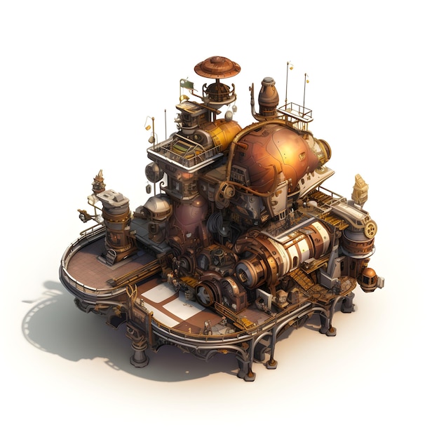 Un gros objet de type steampunk avec un gros moteur sur le dessus.