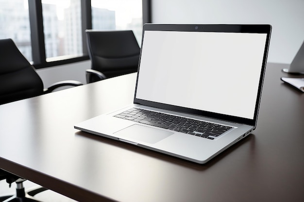 En gros, ordinateur portable sur le dessus de la table de bureau d'un homme d'affaires avec un écran blanc vide mettant l'accent sur l'espace de copie