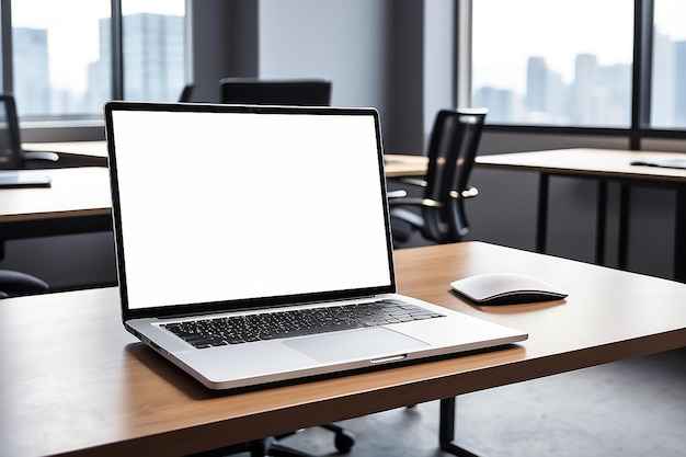 En gros, ordinateur portable sur le dessus de la table de bureau d'un homme d'affaires avec un écran blanc vide mettant l'accent sur l'espace de copie