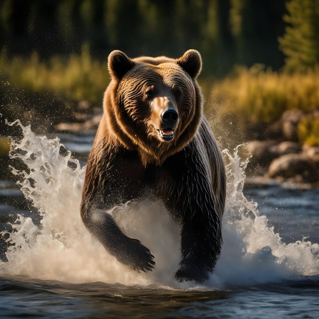 Gros ours brun dans la rivière chassant le poisson IA régénérative par Aquiles Orfei