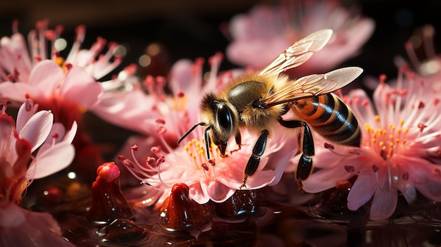 Gros plan Abeille extrayant des fleurs très détaillées