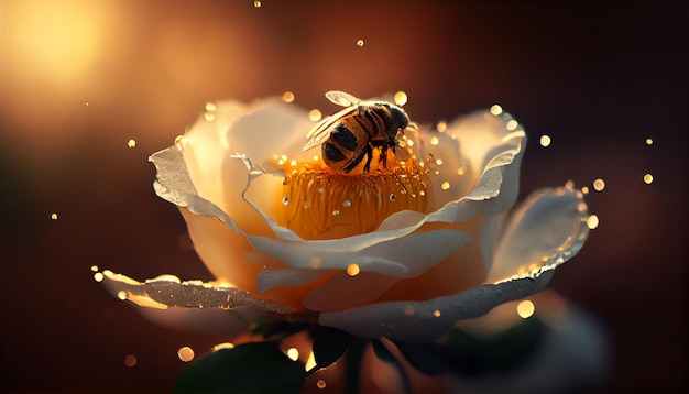 Un gros plan d'abeille sur une fleur avec des gouttelettes d'eau générative ai