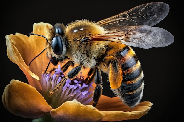 Gros plan abeille sur une fleur avec l'insecte délicatement perché sur les pétales Generative AI