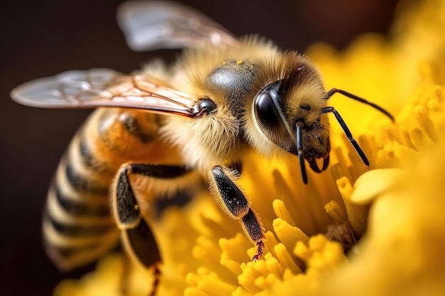 Un gros plan d'une abeille sur une fleur jaune