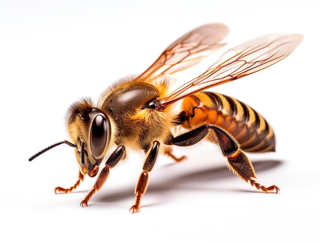 Gros plan d'abeille sur fond blanc