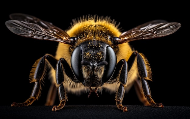 Un gros plan d'une abeille avec un fond noir