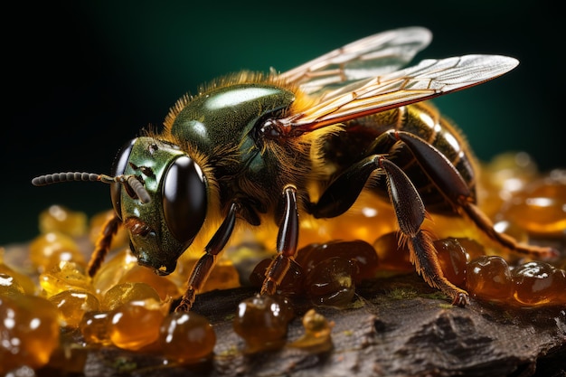 Un gros plan d'une abeille sur un morceau de bois