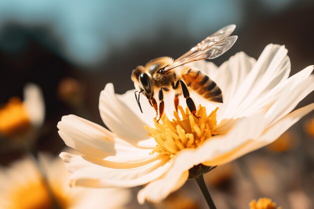 Un gros plan d'une abeille pollinisant une fleur en fleurs