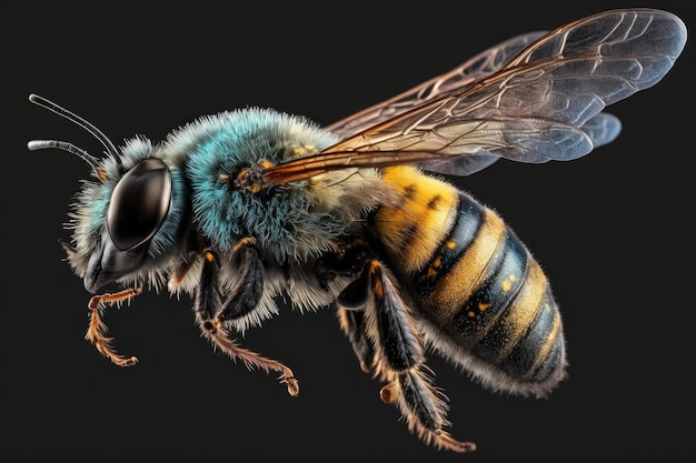 Un gros plan d'une abeille ses détails complexes capturés sur un fond noir contrastant