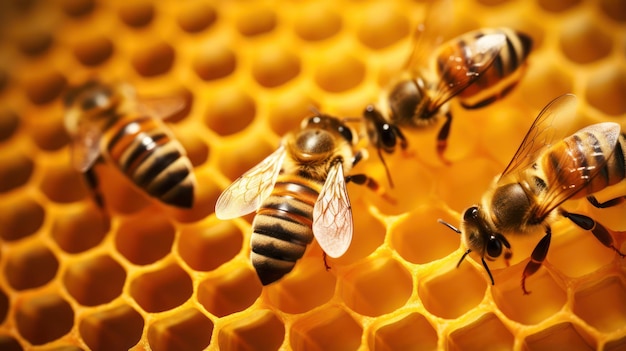 Gros plan d'abeilles mellifères sur un nid d'abeilles dans Beehive AI généré