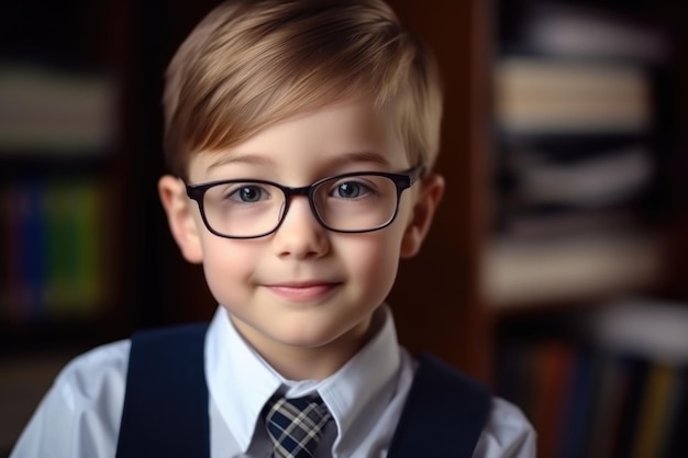 Gros plan d'un adorable jeune écolier avec des livres dans une salle de classe créée avec une IA générative