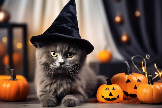 Gros plan adorable petit minou portant un chapeau de sorcière pour Halloween couché parmi les citrouilles Contenu IA génératif