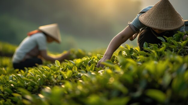 Gros plan d'un agriculteur cueillant des feuilles de thé au Vietnam