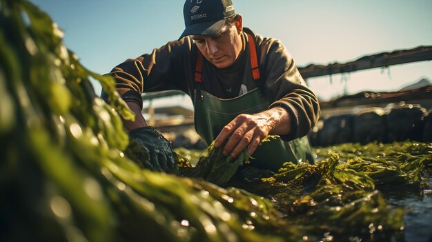 Un gros plan d'un agriculteur inspectant des algues saines et dynamiques
