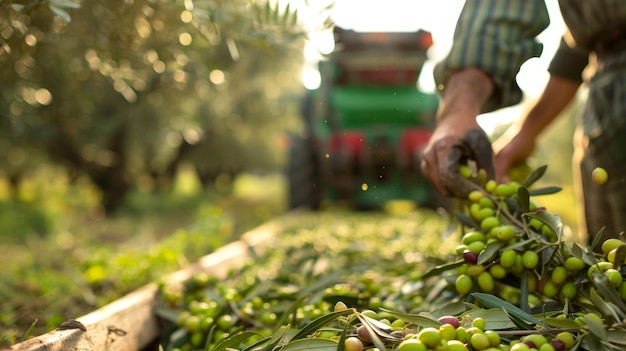 Un gros plan d'un agriculteur qui cueille des olives mûres dans une oliveraie au fond d'un biodiesel