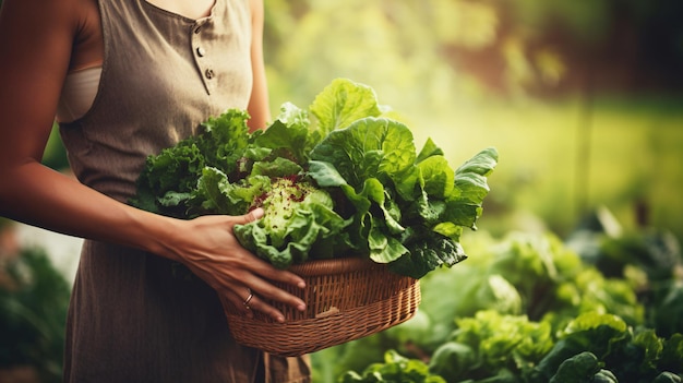 Gros plan agricultrice cueillant des légumes frais dans sa ferme Concept de produits biologiques sains IA générative