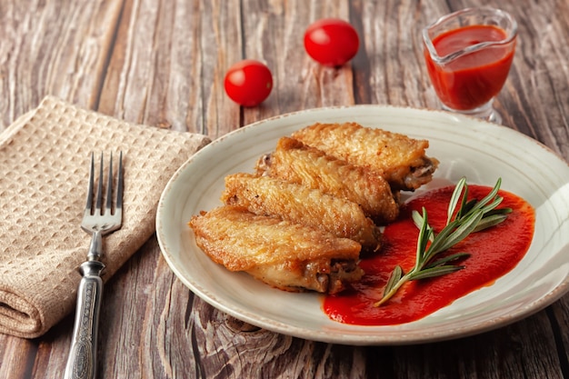 Gros plan d'ailes de buffle fraîchement cuit avec sauce tomate et tomates